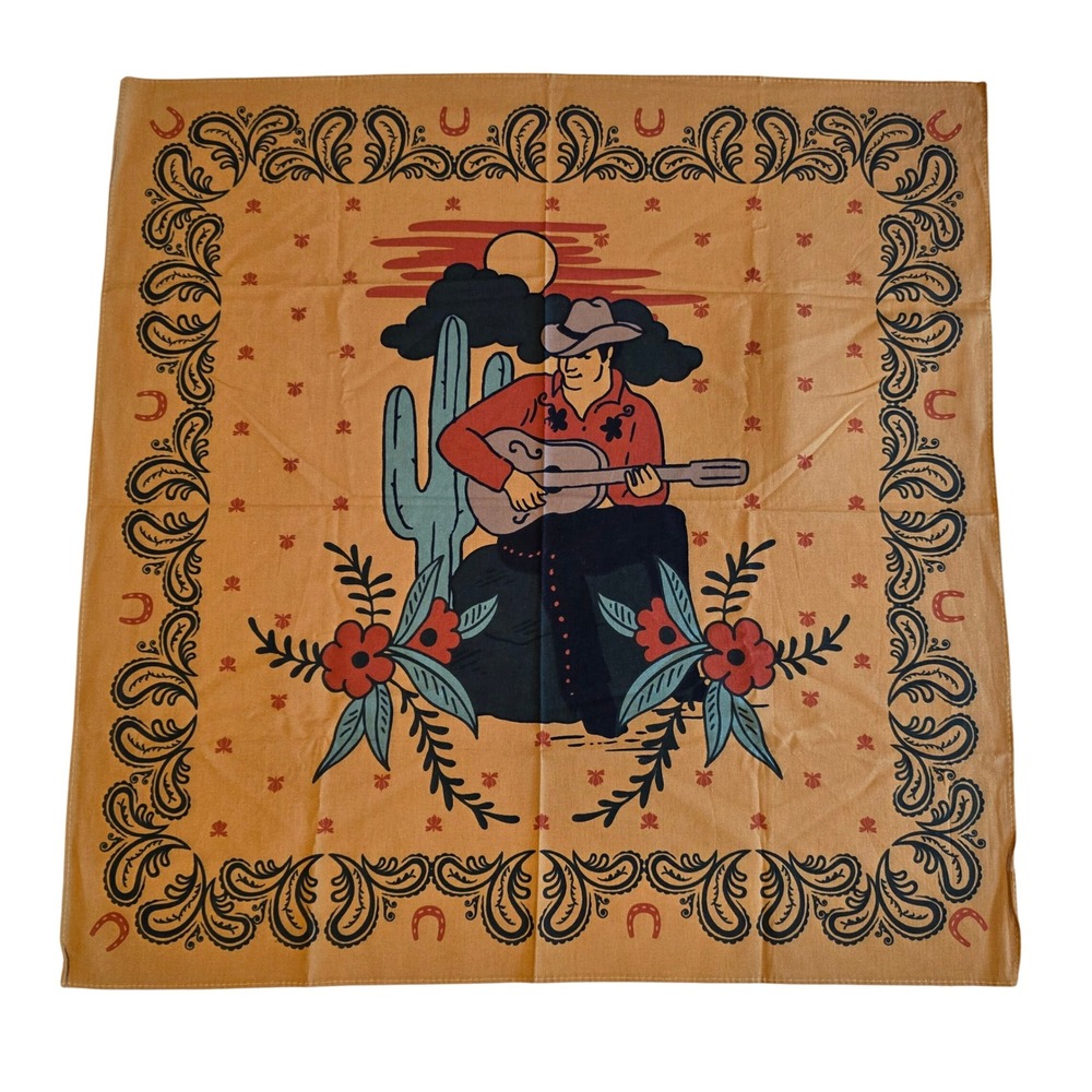 Western Singing Cowboy Cotton Bandana Tan Desert Cactus Guitar Scarf 20x20